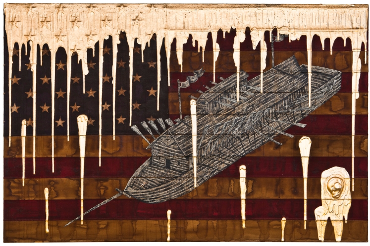 Andrew Schoultz's "Holy Vessel," composed of acrylic paint, gold leaf and a stretched American flag, was part of a stunning group show "Gold Rush" at Bentley in December. Photo courtesy of Bentley Gallery.